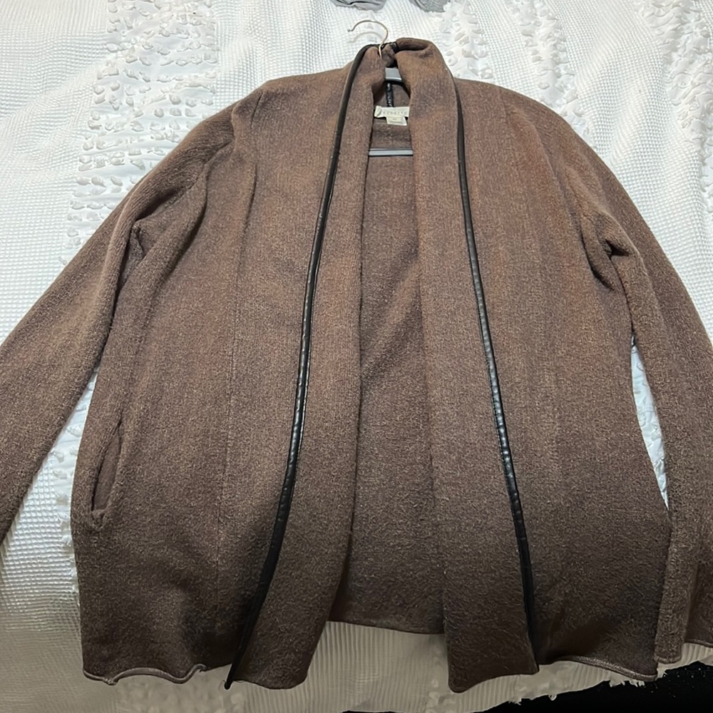 Beautiful eggplant purple cardigan with vegan leather lining